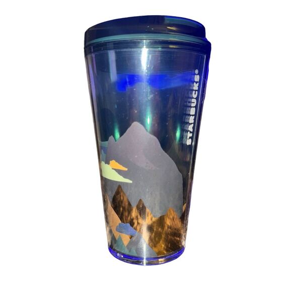 Starbucks Plastic Travel Tumbler Mug Cup Forest Mountains Sunset 2022 16 Oz - Picture 2 of 8
